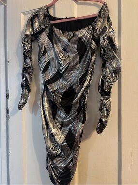 AKIRA Black and Silver Swirl Long Sleeve Bodycon Dress